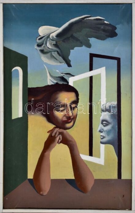 Farkas József (?-): Meditáció (Szürrealista kép). Olaj, vászon. Jelzett a hátoldalán. Kissé sérült. Fakeretben. 68,5x43,5 cm