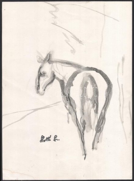 Holló jelzéssel: Ló. Lavírozott tus, papír. Bal alsó sarkában foltos. Kissé sérült. 38,5x28 cm