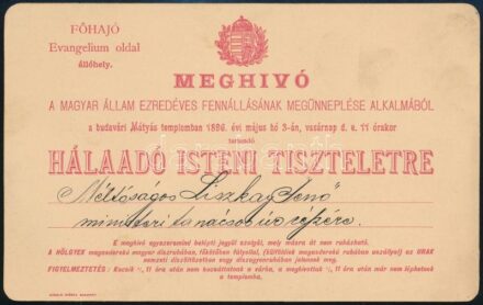 1896 Budapest, Mátyás-templom, meghívó az ezredéves évforduló alkalmából hálaadó istentiszteletre