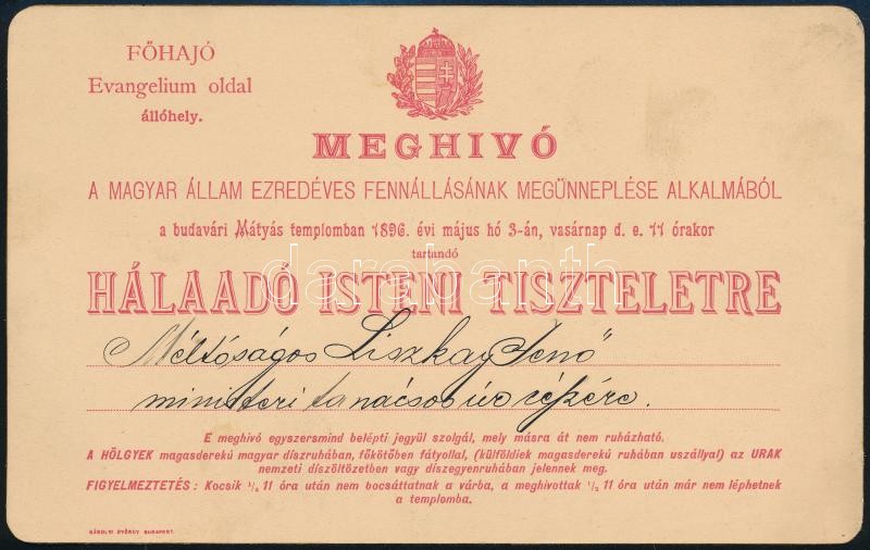1896 Budapest, Mátyás-templom, meghívó az ezredéves évforduló alkalmából hálaadó istentiszteletre