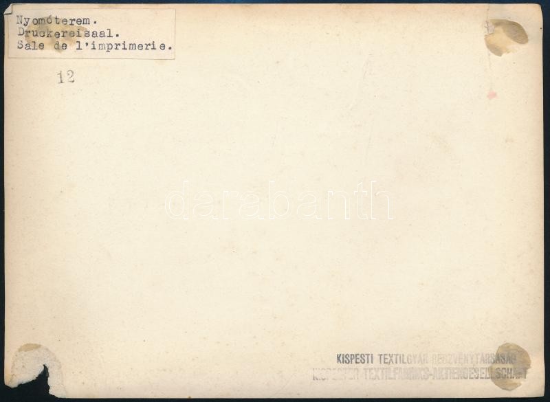 cca 1940 Nyomóterem, Kispesti Textilgyár Részvénytársaság, feliratozva, pecséttel, sarokhiánnyal, 12,5×17,5 cm - Image 2