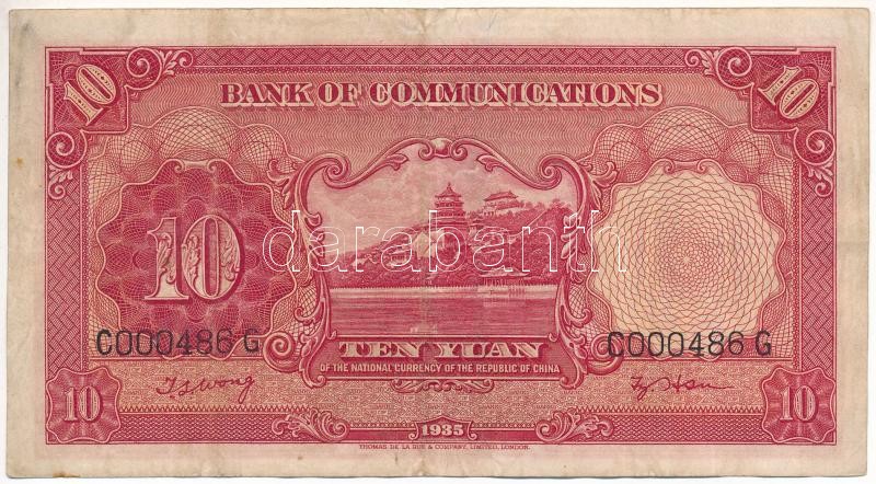 Kína 1935. 10Y 'Bank of Communications' 'C 000486 G' T:III folt China 1935. 10 Yuan 'Bank of Communications' 'C 000486 G' C:F spot Krause P#155