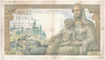 Franciaország 1942. 1000Fr 'M.1850 522' T:III tűly. France 1942. 1000 Francs 'M.1850 522' C:F pin holes Krause P#102