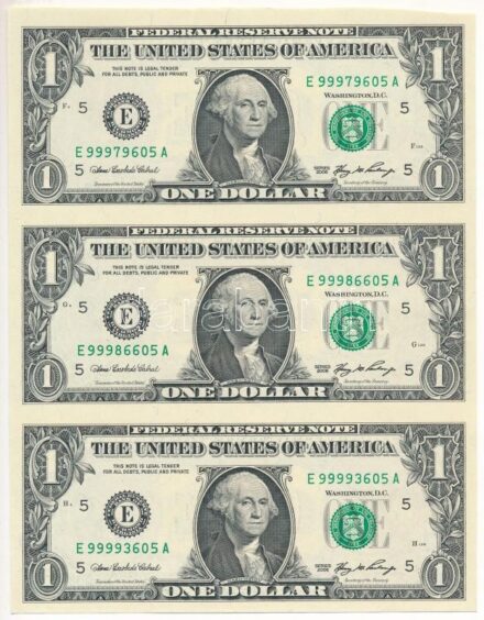 Amerikai Egyesült Államok 2006. 1$ 'Anna Escobedo Cabral - Henry Merritt Paulson' zöld pecsét, 3db-os, hajtatlan ívben T:I,I- a felső részén vágáshiba USA 2006. 1 Dollar 'Anna Escobedo Cabral - Henry Merritt Paulson' with green seal,