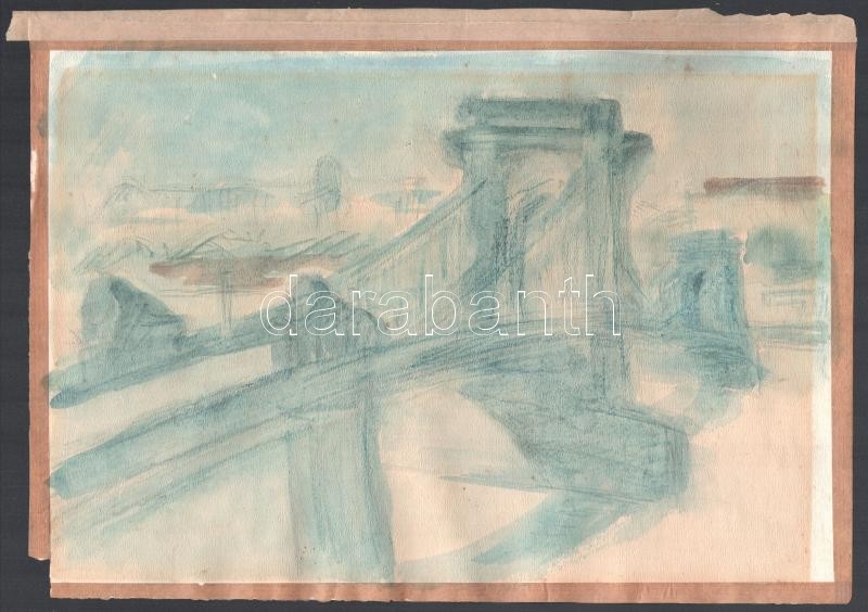 Jelzés nélkül: Lánchíd, Budapest. Akvarell, papír. Lap szélén paszpartuzás nyomaival. 22,55×33 cm