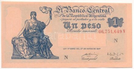 Argentína DN (1950-1951.) 1P '06,751,649 N' T:III szép papír, kis vágáshiba Argentina ND (1950-1951.) 1 Peso '06,751,649 N' C:F fine paper, miscut Krause P#257