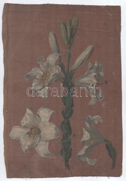 Jelzés nélkül, XIX. sz vége: Liliomok. Olaj, vászon. Vakráma nélkül, széleinél kissé sérült. Kissé foltos. 38×26 cm