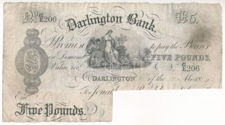 Nagy-Britannia / Darlington Bank DN (1866-1895) 5P 'GE 206' hátoldalán bélyegzések, aláírások kivágva, így érvénytelenítve T:III,III- kis szakadás, folt Great Britain / Darlington Bank ND (1866-1895) 5 Pounds 'GE 206' with overprints
