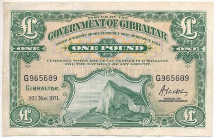 Gibraltár 1971. 1P 'G 965689' T:III folt, apró szakadás Gibraltar 1971. 1 Pound 'G 965689' C:F spot, tiny tear Krause P#18