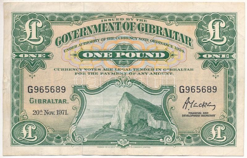Gibraltár 1971. 1P 'G 965689' T:III folt, apró szakadás Gibraltar 1971. 1 Pound 'G 965689' C:F spot, tiny tear Krause P#18