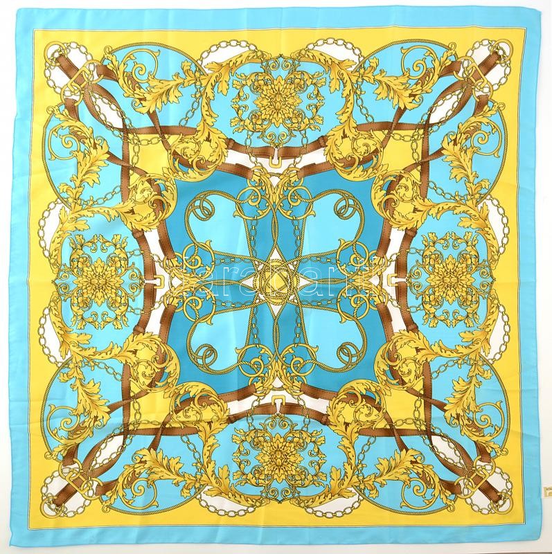 Romano Italy díszes mintás kék-türkiz-sárga kendő, kb. 87x85 cm
