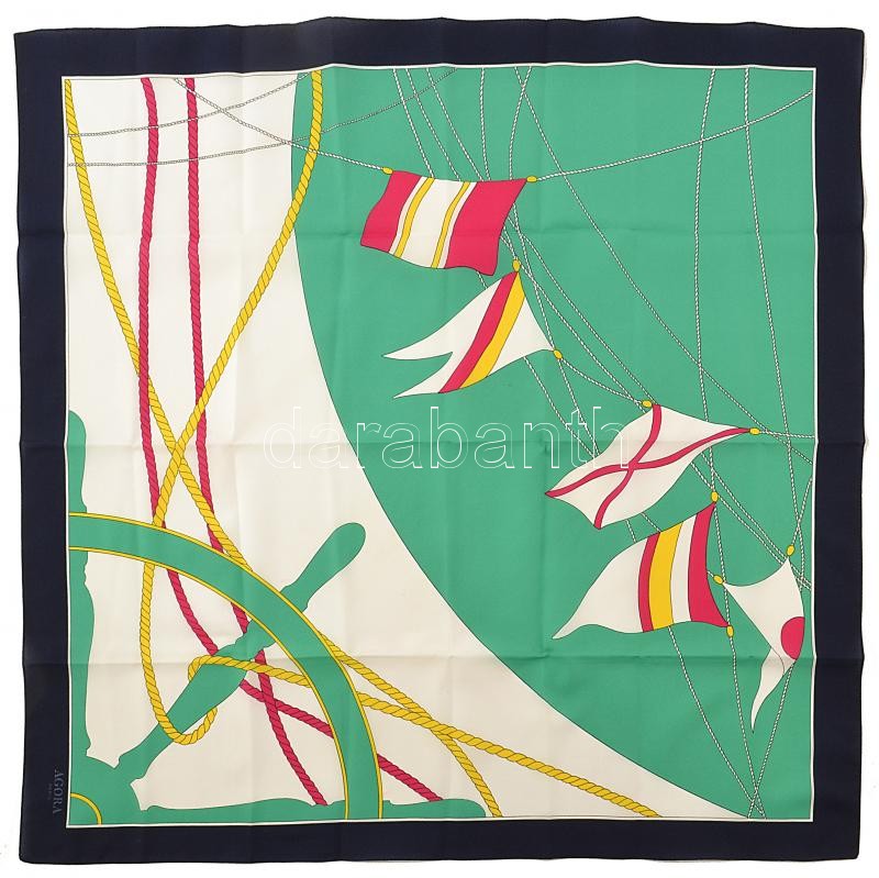 Agora Paris hajó mintás zöld-fehér-sötétkék selyem kendő, kb. 78x76 cm
