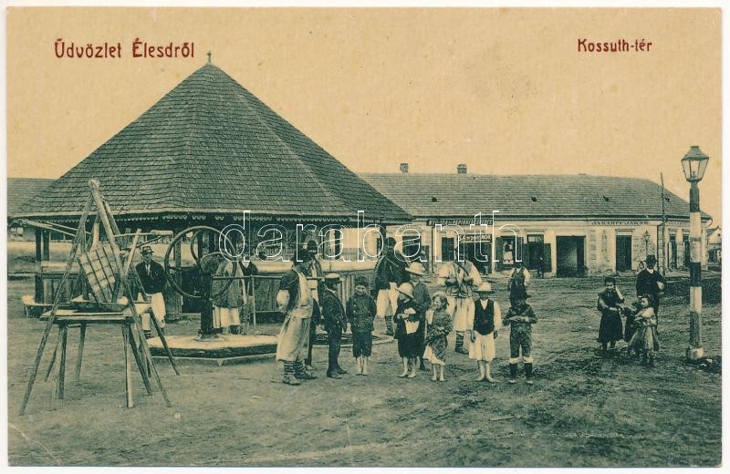 Élesd, Alesd; Kossuth tér, kút, Klein Bernáth és Jakabfi Jakab üzlete, Sándor Mór nyomdája, papírkereskedése és saját kiadása. W.L. 295. / square with well and shops (fa)