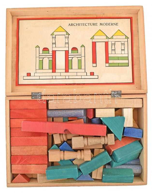Régi francia fa építőjáték (Jeu de Construction), sok elemmel, fa dobozban, a doboz belsejében útmutató illusztrációval, 28x18x6,5 cm