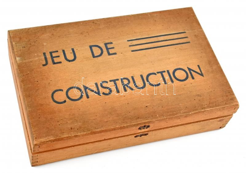 Régi francia fa építőjáték (Jeu de Construction), sok elemmel, fa dobozban, a doboz belsejében útmutató illusztrációval, 28x18x6,5 cm - Image 2