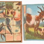 Régi francia állatos kirakójáték, 15 db fa kocka, hat kirakható képpel, eredeti fa dobozában, kopott, kissé sérült, 23x15x5,5 cm