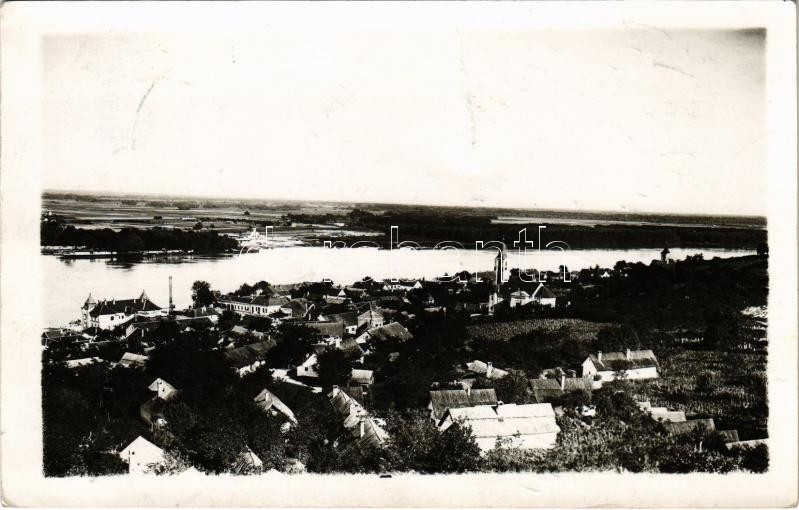 1941 Apatin, látkép a Dunával / general view. photo + '1941 Apatin visszatért' So. Stpl. 'M. KIR. POSTA 344'