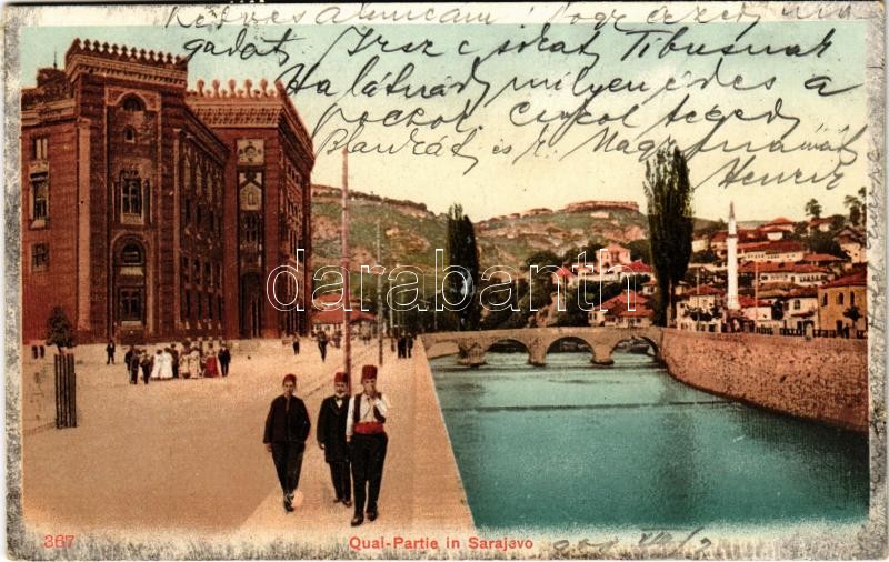 1900 Sarajevo, Quai-Partie / street view, bridge, town hall