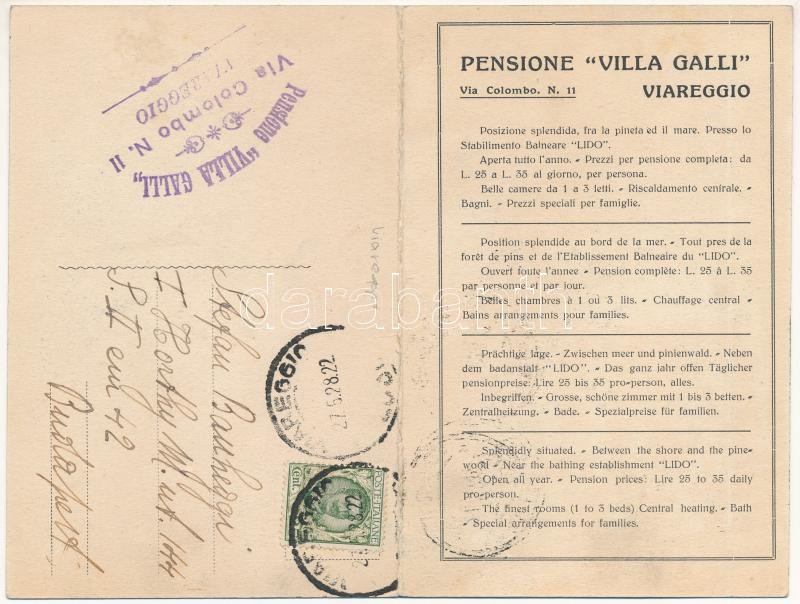 1928 Viareggio, Pensione Villa Galli. Via Colombo n. 11. / folding card, hotel advertisement - Image 2