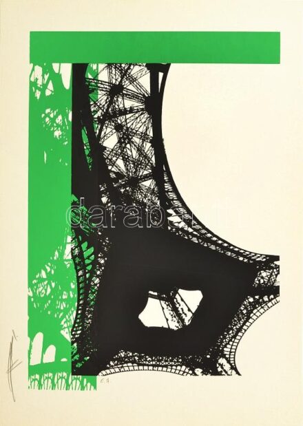 Hervé, Rodolf (1957-2000): Eiffel-torony. Szitanyomat, papír, jelzett, művészpéldány E.A.. 35x24,5 cm. Lap tetején egészen apró szakadással. / Hervé, Rodolf (1957-2000): Eiffel-tower. Screenprint on paper, signed, E.A. artist's proof,