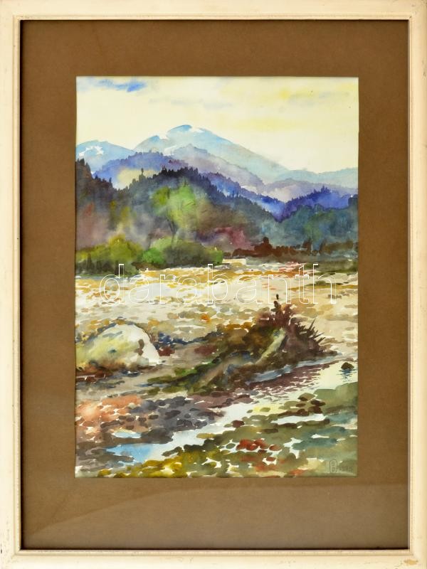 Octavian Sassu Ducsoara (1943-): Erdélyi táj. Akvarell, papír. Jelezve jobbra lent. Hátoldalán címkén román nyelven feliratozott. Üvegezett fakeretben. 38,5x28 cm / Octavian Sassu Ducsoara (1943-), Roamian painter: Transylvanian landscape.