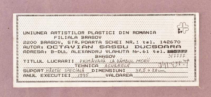 Octavian Sassu Ducsoara (1943-): Erdélyi táj. Akvarell, papír. Jelezve jobbra lent. Hátoldalán címkén román nyelven feliratozott. Üvegezett fakeretben. 38,5x28 cm / Octavian Sassu Ducsoara (1943-), Roamian painter: Transylvanian landscape. - Image 3