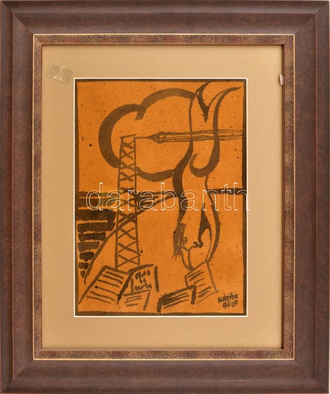 Kádár Béla jelzéssel: Jelenet. Tus, papír. 31,5x23 cm Hátoldalán: Hölgy kutyával. Tus, papír. 25,5x22 cm. Üvegezett fakeretben.