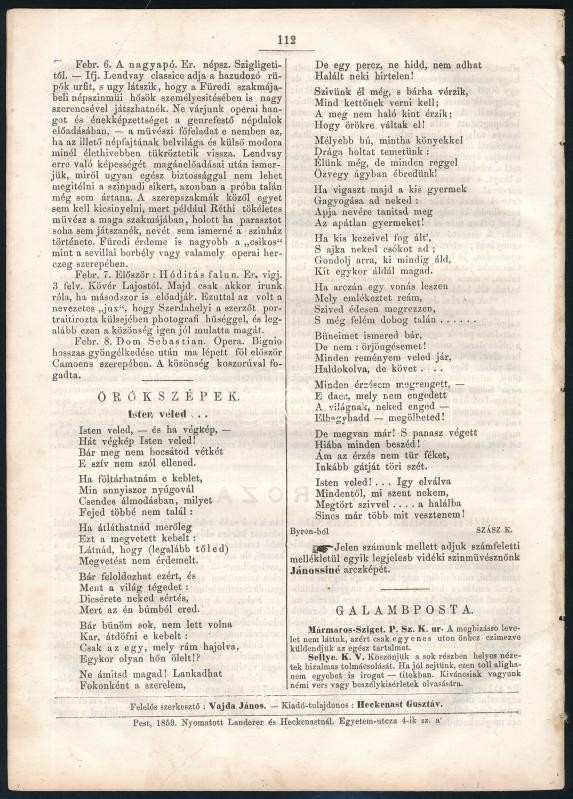 1859 A Nővilág c. hetilap 1859. febr. 13-i száma, Pest, Landerer és Heckenast-ny., 97-112 p., néhány apró sérüléssel - Image 2