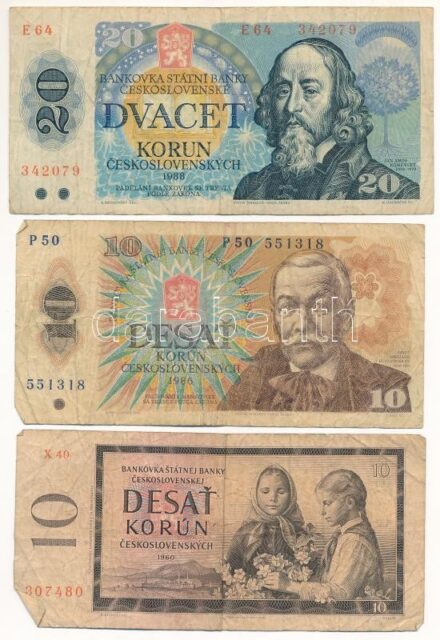 Csehszlovákia 1960. 10K + 1961. 3K + 1986. 10K + 1987. 50K (2x) + 1988. 20K T:III,III- Czechoslovakia 1960. 10 Korun + 1961. 3 Korun + 1986. 10 Korun + 1987. 50 Korun (2x) + 1988. 20 Korun C:F,VG