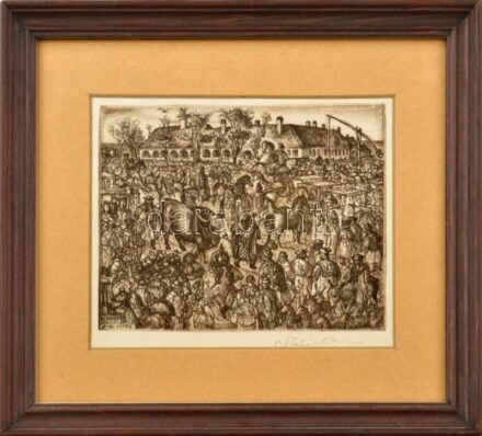 Szabó Vladimir (1905-1991): Hidi vásár. Rézkarc, papír, jelzett. Üvegezett fakeretben. 13,5x17,5 cm