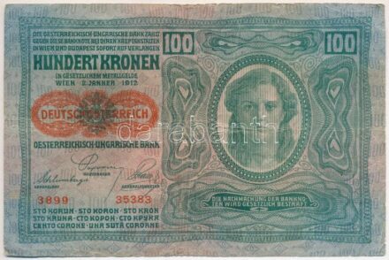 Ausztria 1919. (1912) 100K, vízszintes 'DEUTSCHÖSTERREICH' felülbélyegzéssel, mindkét oldal német T:III,III- kis szakadások Austria 1919. (1912) 100 Kronen, with horizontal 'DEUTSCHÖSTERREICH' overprint, both sides in german C:F,VG small