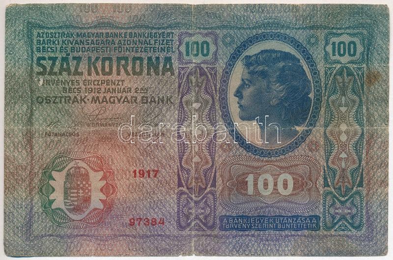 1912. 100K bélyegzés nélkül '1917 97384' T:III szakadás, folt, kis anyaghiány Adamo K28