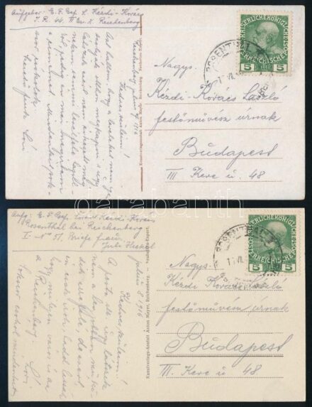 1916.VII.7 és 8 Kézdi-Kovács Lóránt (1897-1916) festőművész növendék 2 db I. világháborús tábori postai képeslapja édesapjának, Kézdi-Kovács László (1864-1942) festőművész, műkritikusnak címezve. Kézdi-Kovács Lóránt