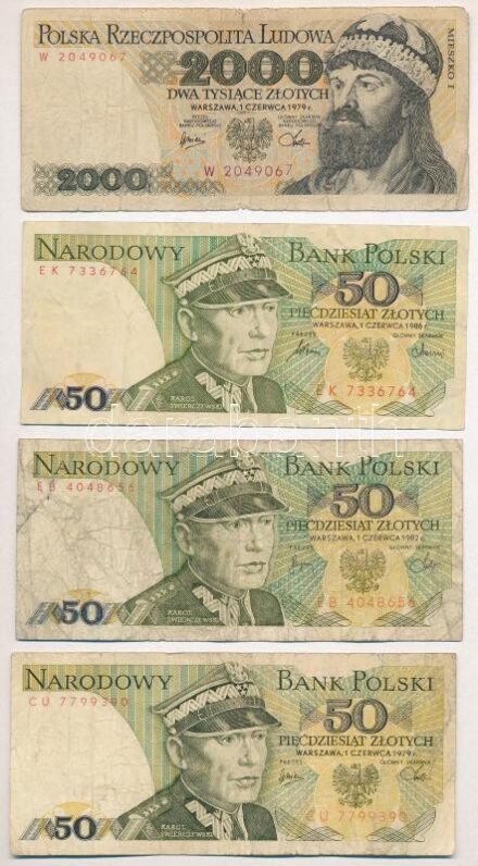 Lengyelország 1975-1986. 50Zl (4xklf) + 1979. 2000Zl + 1982. 100Zl + 500Zl + 1000Zl T:III,III- közte szakadás, anyaghiány, firka Poland 1975-1986. 50 Zlotych (4xdiff) + 1979. 2000 Zlotych + 1982. 100 Zlotych + 500 Zlotych + 1000 Zlotych C:F,VG