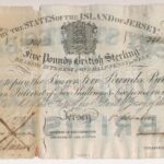 Jersey 1840. 5P '301' vízjeles papíron, áthúzással érvénytelenítve T:III- folt, anyaghiány, ly. Jersey 1840. 5 Pounds '301' on watermarked paper, invalidated by pen strike C:VG spot, material error, hole Krause P#A1