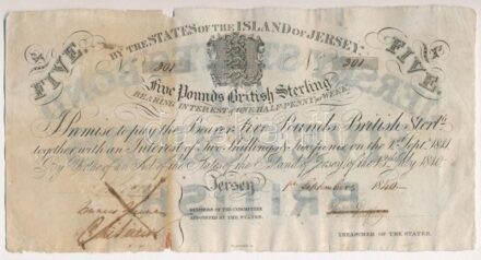 Jersey 1840. 5P '301' vízjeles papíron, áthúzással érvénytelenítve T:III- folt, anyaghiány, ly. Jersey 1840. 5 Pounds '301' on watermarked paper, invalidated by pen strike C:VG spot, material error, hole Krause P#A1