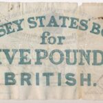 Jersey 1840. 5P '301' vízjeles papíron, áthúzással érvénytelenítve T:III- folt, anyaghiány, ly. Jersey 1840. 5 Pounds '301' on watermarked paper, invalidated by pen strike C:VG spot, material error, hole Krause P#A1 - Image 2
