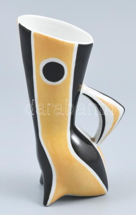 Zsolnay porcelán modern ,,darázs' váza, tervező: Török János, kézzel festett, jelzett, kopott, mázhibákkal, m: 15 cm