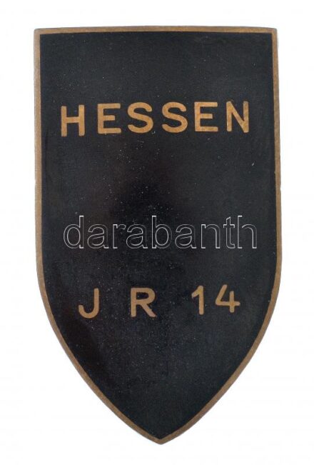 Német Birodalom ~1914-1918. 'Hessen I R 14' a 14. Hesseni Gyalogezred zománcozott sapkajelvénye (35x21mm) T:1-,2 German Empire ~1914-1918. 'Hessen I R 14' enamelled bronze cap badge of the 14th Hessen Infantry Regiment (35x21mm) C:AU,XF