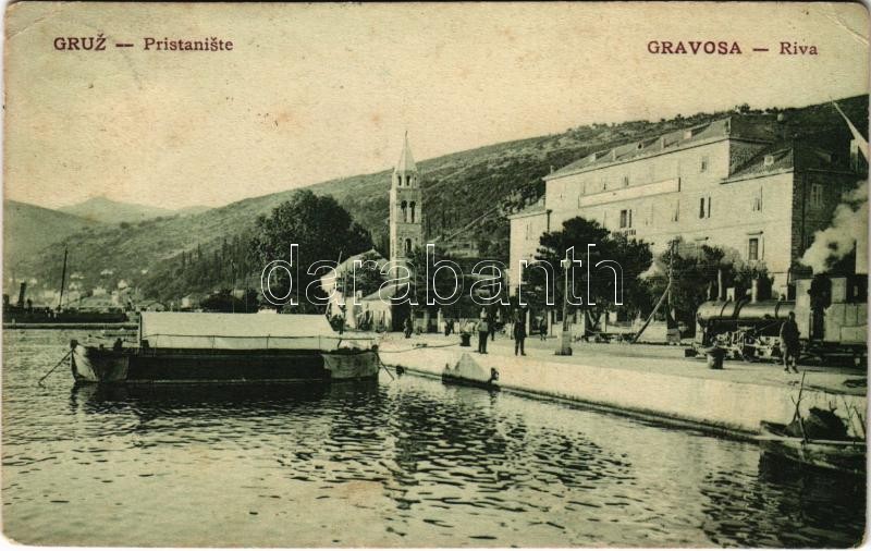 1909 Gruz, Gravosa; Pristaniste / Riva / dock, wharf, locomotive, train (EB)