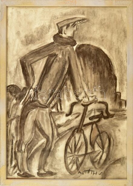 A. Tóth S. jelzéssel. Kerékpáros. Szén, papír. Üvegezett keretben, 40x30 cm
