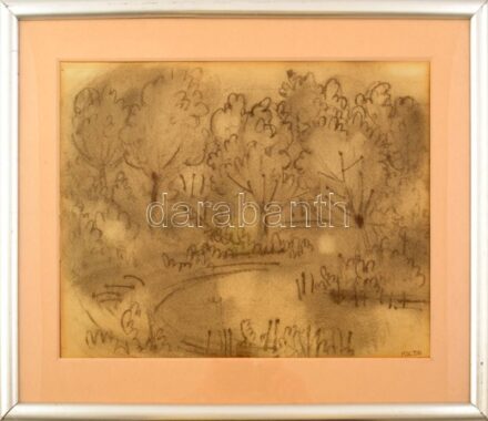 Kolbe Mihály (1907-1990): Ligetes ártéri erdő (Mohács, Duna). Szén, papír, jelezve jobbra lent. Paszpartuban, üvegezett fa keretben, 30x40 cm. Hátoldalán Antikart (Kosári Aurél), Pécs raglapjával.