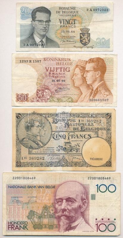 Belgium 1938. 5Fr + 1964. 20Fr + 1966. 50Fr + 1981-1982. 100Fr T:III,III- fo. Belgium 1964. 5 Francs + 20 Francs + 1866. 50 Francs + 1981-1982. 100 Francs C:F,VG spotted
