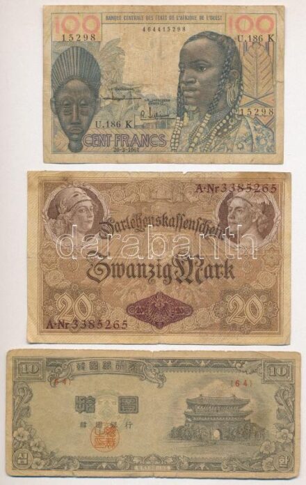 3db-os vegyes külföldi bankjegy tétel, közte Dél-Korea 1953. 10H + Német Birodalom 1914. 20M, 7 számjegyű sorszámmal + Nyugat Afrikai Államok / Szenegál 1961. 100Fr T:III,III- szakadás, folt 3pcs of mixed foreign banknote lot, in it