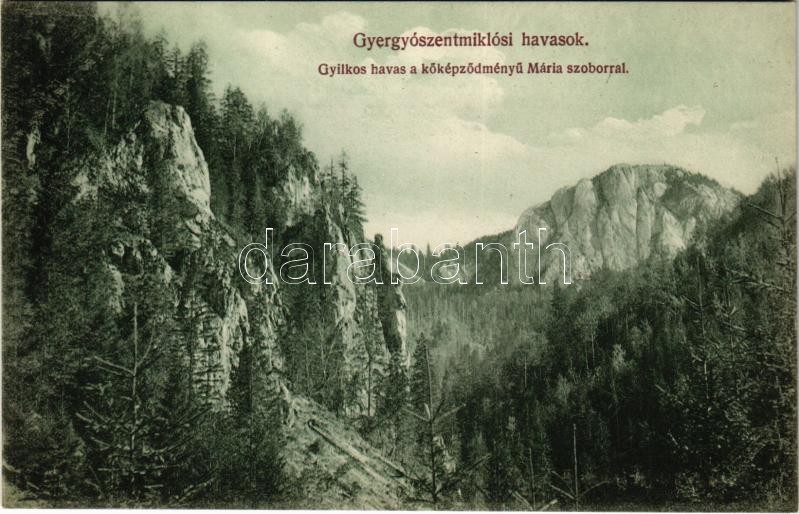 1912 Gyergyói-havasok, Muntii Giurgeu (Gyergyószentmiklós, Gheorgheni); Gyilkos hava a kőképződményű Mária szoborral. Burján és Székely kiadása / mountain