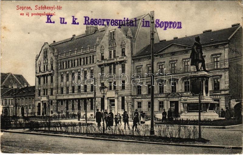 1914 Sopron, Széchenyi tér, Új postapalota, Evangélikus lyceum, Nitsch üzlete. Piri Dániel kiadása + 'K.u.K. Reservespital in Sopron' (EK)