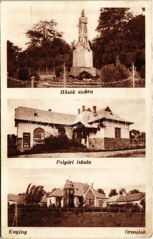 1933 Enying, Hősök szobra, emlékmű, Polgári iskola, Orvoslak. Spitzer kiadása (Rb)