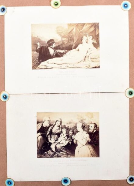 cca 1890-1910 Régi album, benne fotók, fénynyomatok, túlnyomórészt XIX. századi vagy régebbi festészeti, szobrászati alkotásokról. Összesen kb. 100-120 db. Vegyes méretben és állapotban. Aranyozott, dombornyomott egészvászon