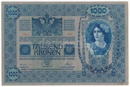 Ausztria 1919. (1902) 1000K '1907 67884' függőleges 'DEUTSCHÖSTERREICH' felülbélyegzéssel, mindkét oldal német T:III apró szakadás Austria 1919. (1902) 1000 Kronen '1907 67884' with vertical 'DEUTSCHÖSTERREICH' overprint, both sides in