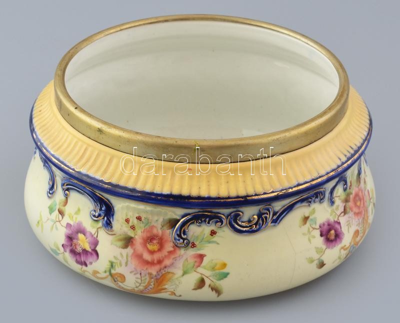 W&R Carlton porcelán kínáló tál jelzett ezüstözött alpakka peremmel. Kézzel festett, hajszálrepedéssel. d: 23 cm